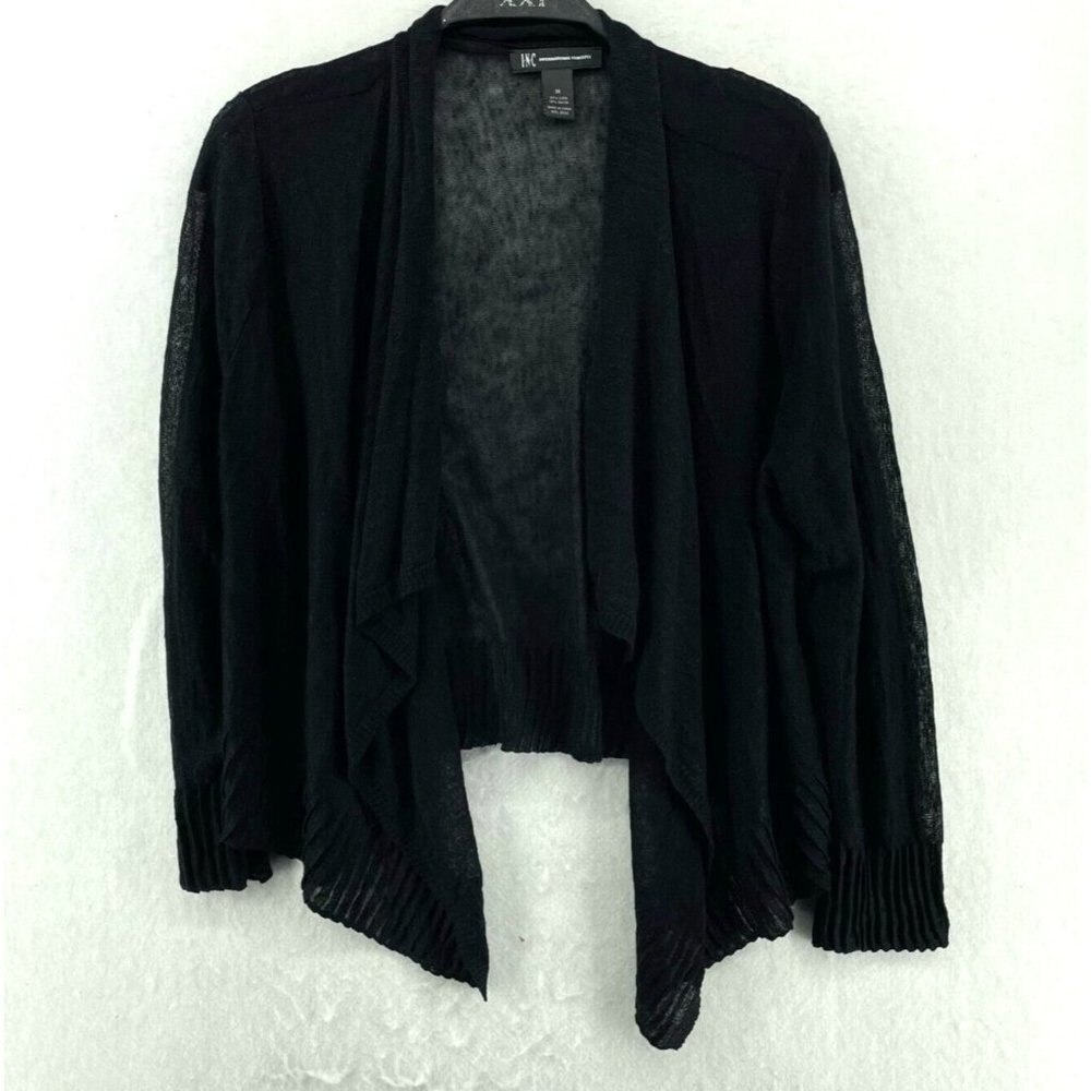 INC International Concepts Cardigan Sz M Black Open Front Draped Cropped Linen